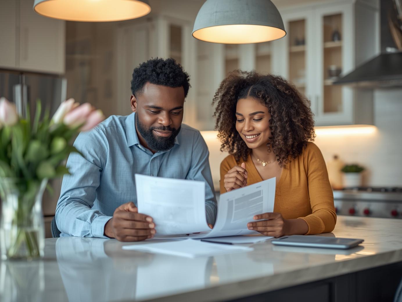 Self-employed mortgage consultation — Toronto GTA Couple reviewing mortgage documents with advisor