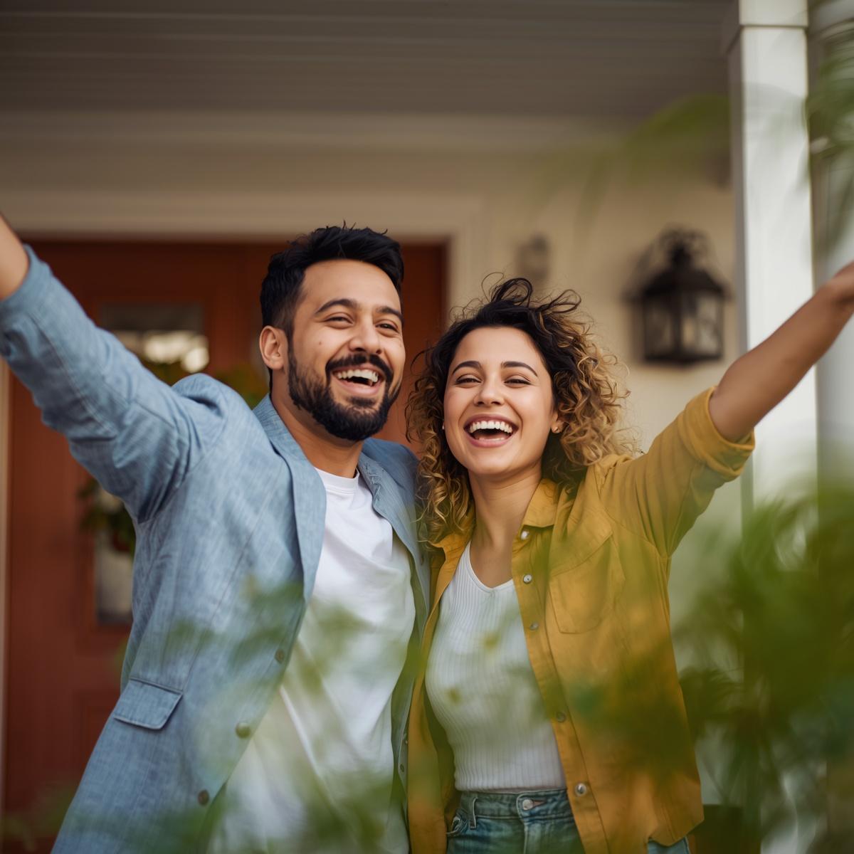 Happy first-time home buyers — Mortgage Made Better Happy first-time home buyers celebrating outside their new home