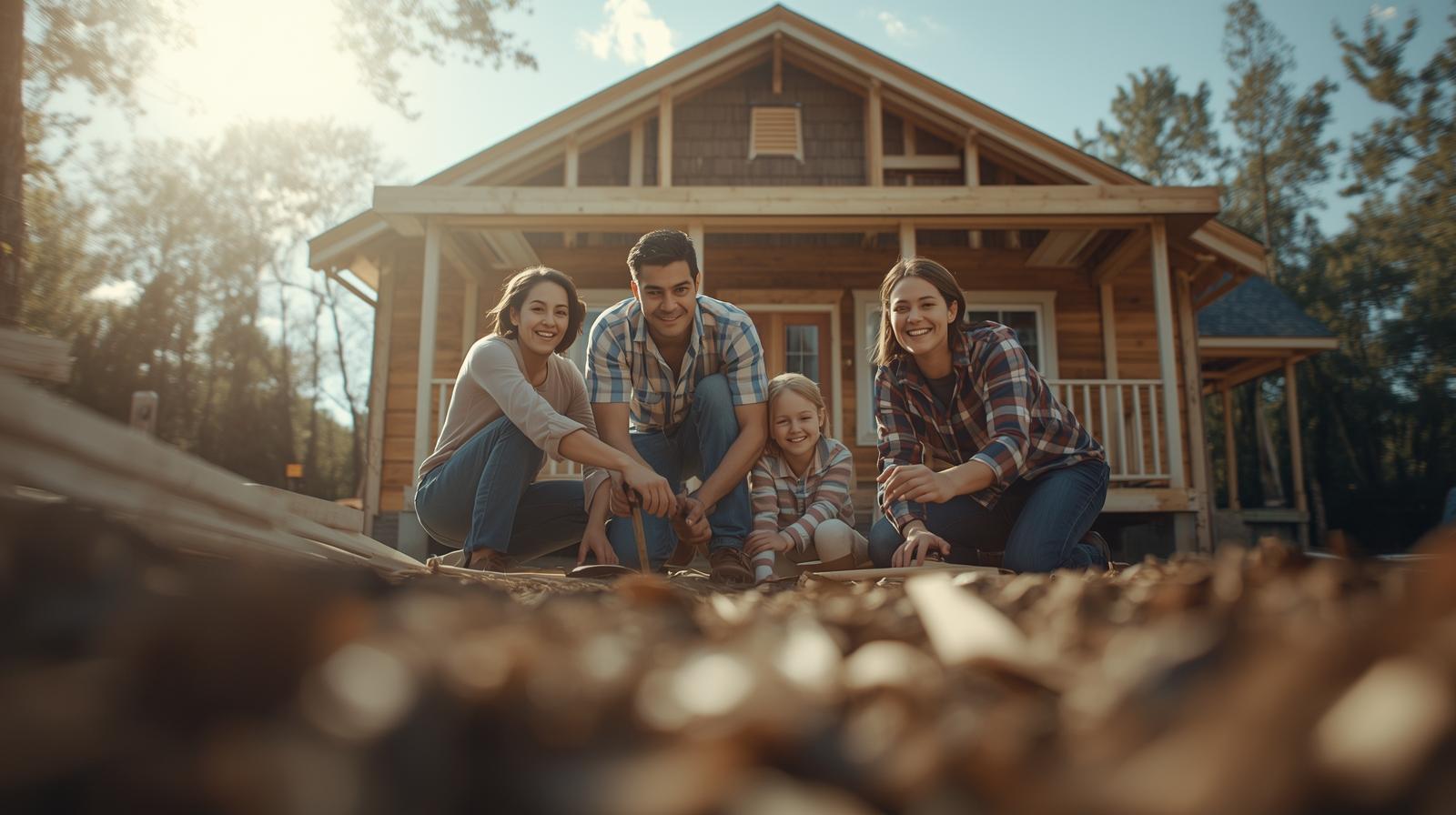 Family building new home from ground up — GTA construction mortgage Happy family at their new home being built from the ground up